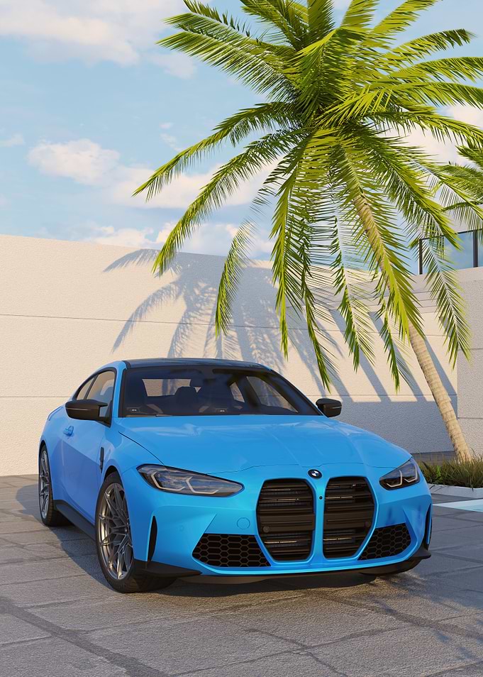 Blue BMW M4 with Palm Tree
