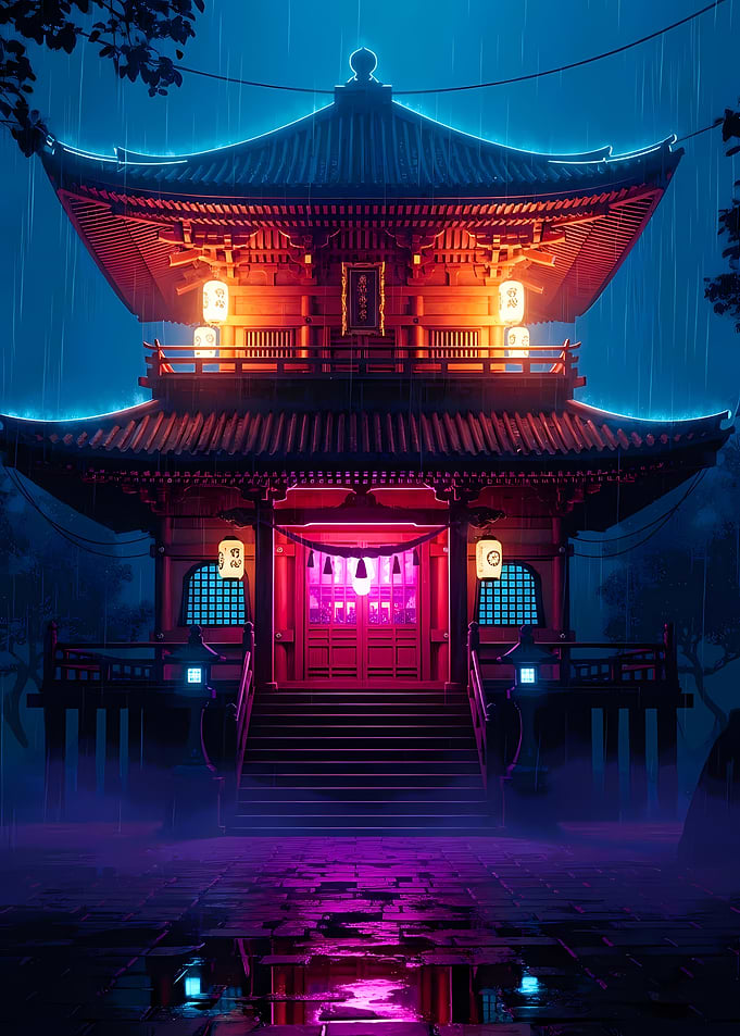 Neon Lit Japanese Temple in Rain