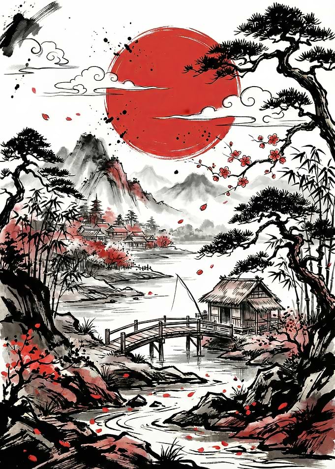 Japanese Landscape with Red Sun