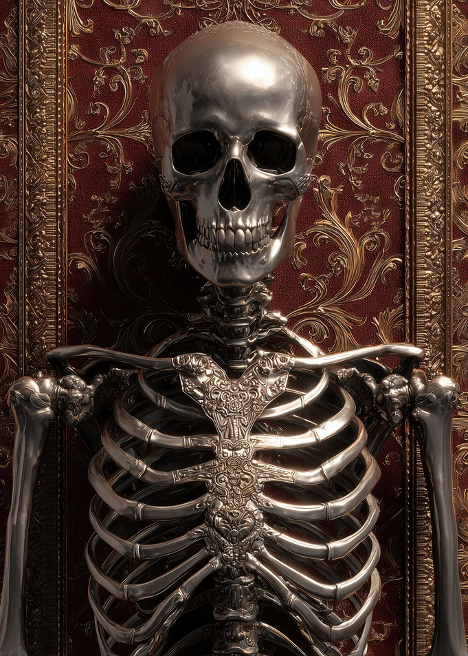 Ornate Silver Skeleton on Red Backdrop
