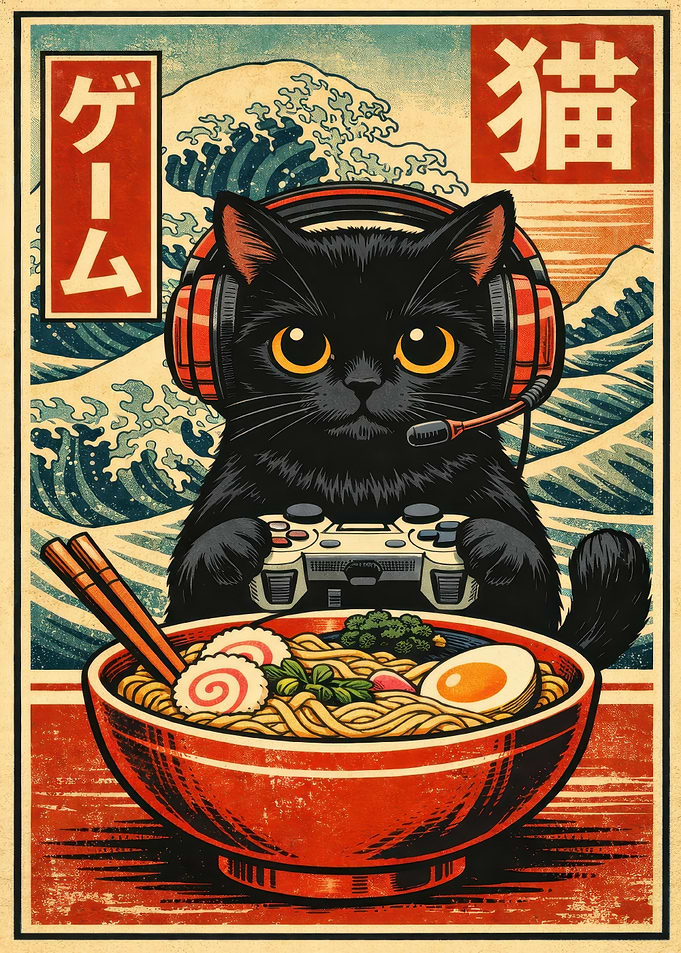 Gamer Cat with Ramen and Waves