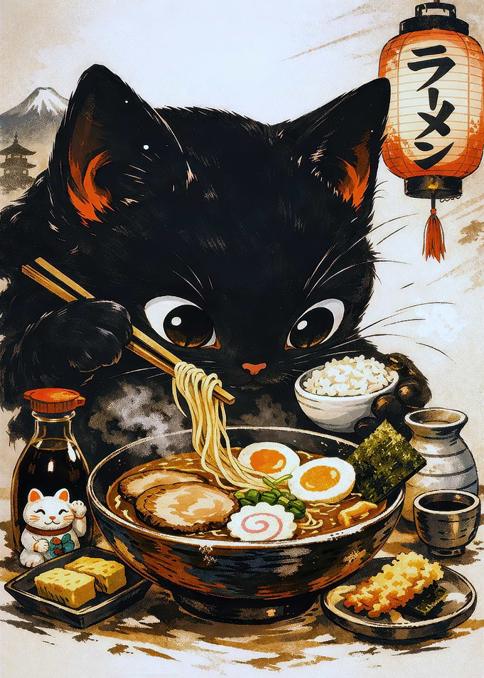 Black Cat Eating Ramen Illustration