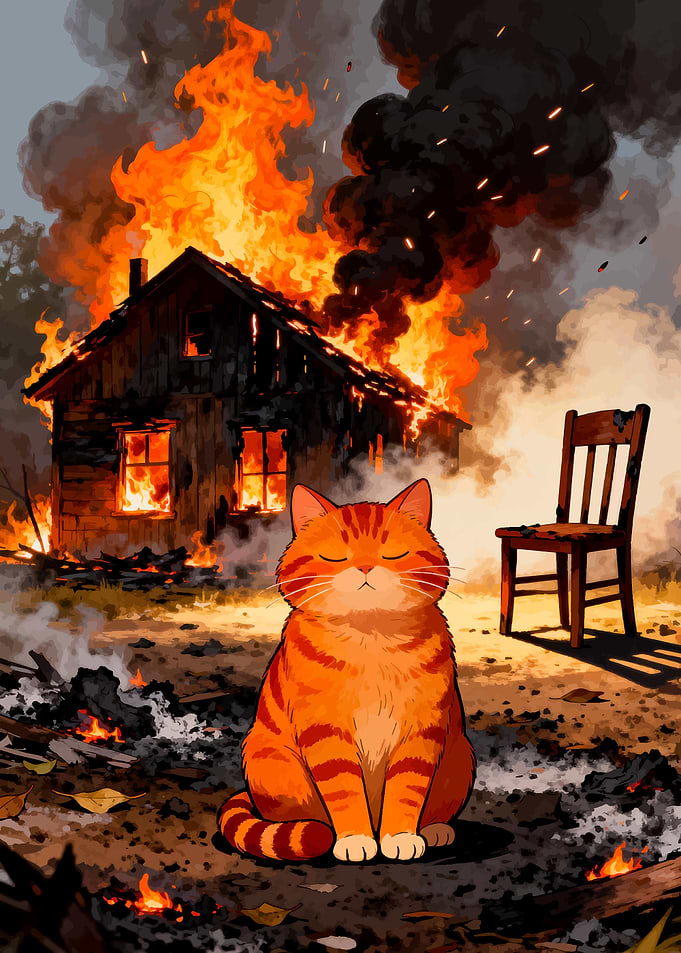 Cat sitting calmly near burning house