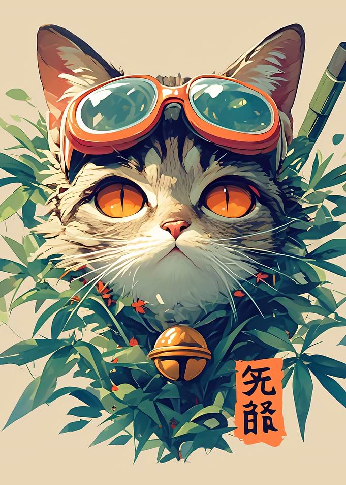Cat with Goggles and Bamboo