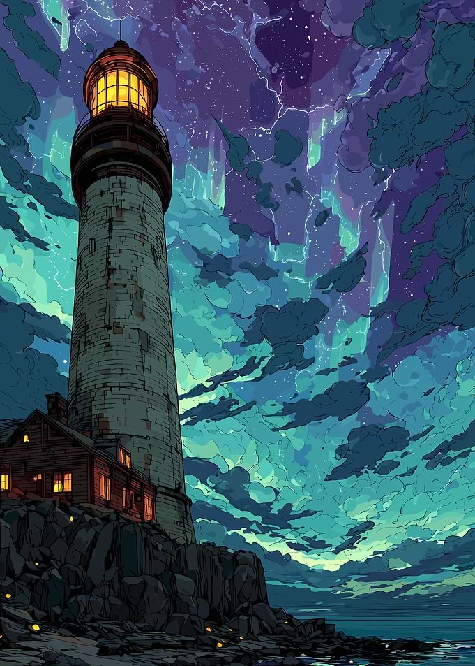 Lighthouse under a stormy night sky