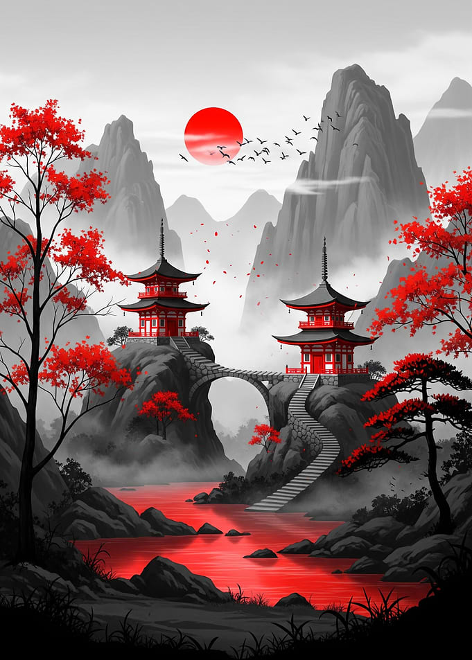 Serene Asian landscape with pagodas and red trees by mountain lake