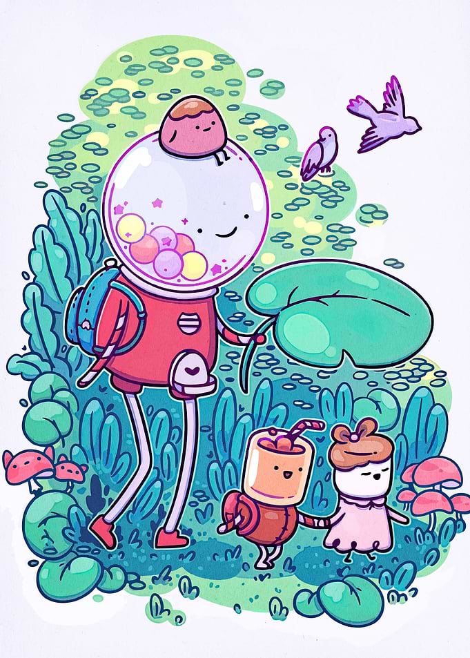 Cartoon characters in a whimsical landscape
