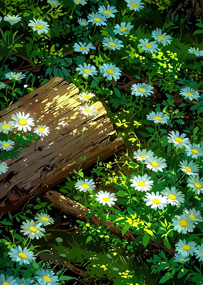 Daisies and Log in Sunlight