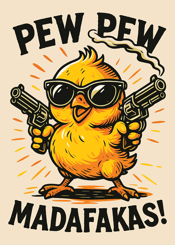 Pew Pew Chick Poster Funny Cartoon Yellow Chick Guns Wall Art Bold Humor Print