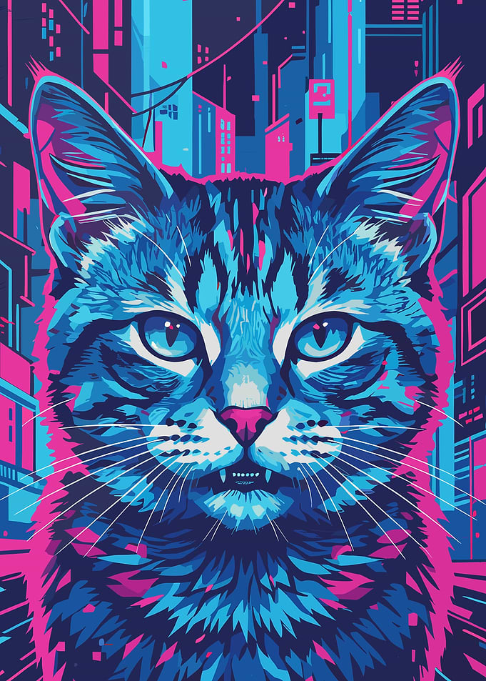 Cyberpunk Cat in Cityscape