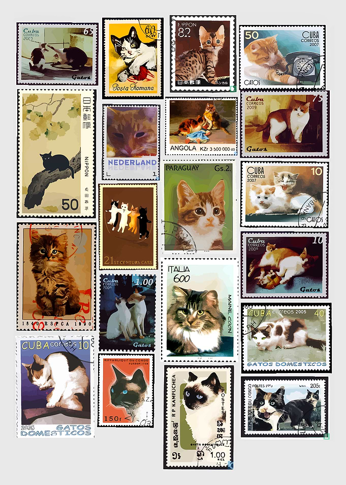 Collection of Cat-Themed Postage Stamps