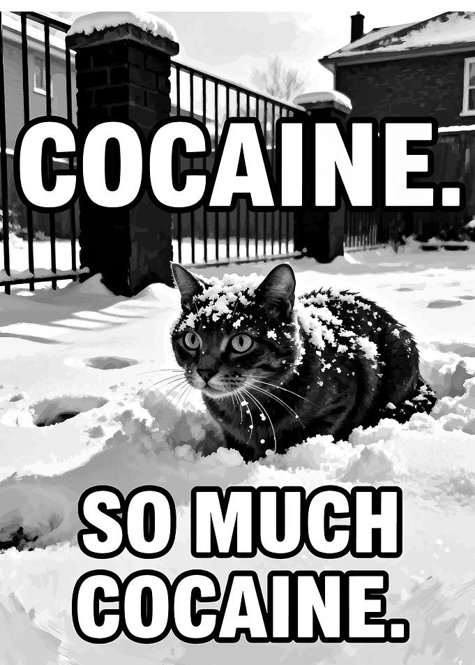 Cat in Snow with Text Overlay