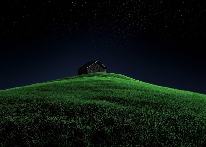 Barn on a Hill at Night