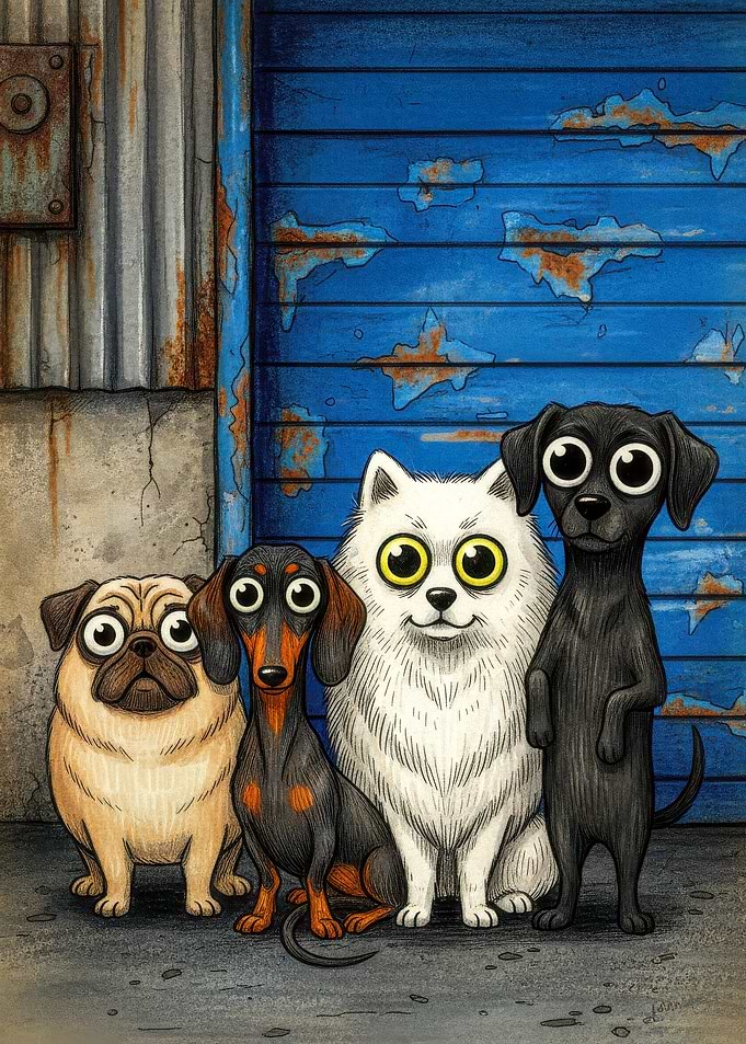 Cartoon Dogs Posing Against a Wall