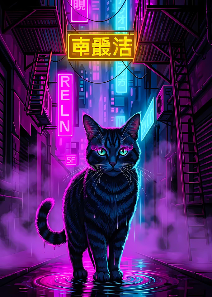 Cyberpunk Cat in Neon Cityscape