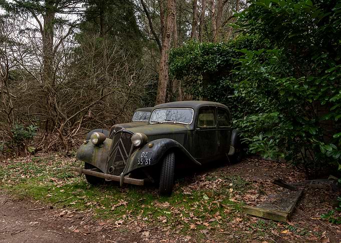 Abandoned Vintage Car in Forest Setting