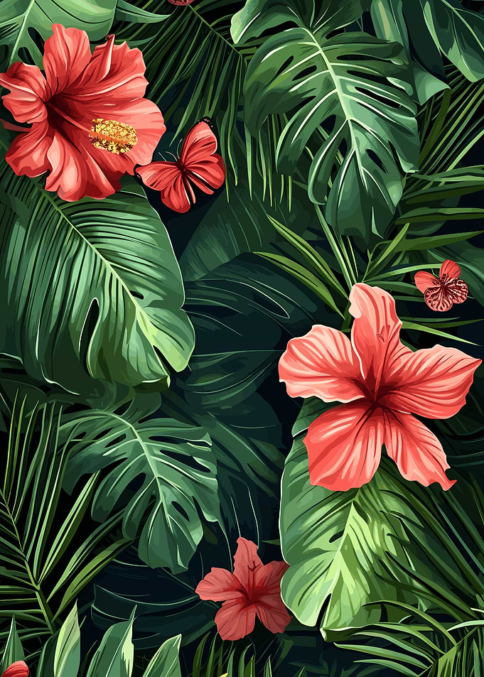 Tropical Floral Pattern with Hibiscus and Butterflies