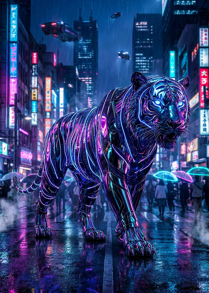 Cyberpunk Tiger in Rainy Cityscape