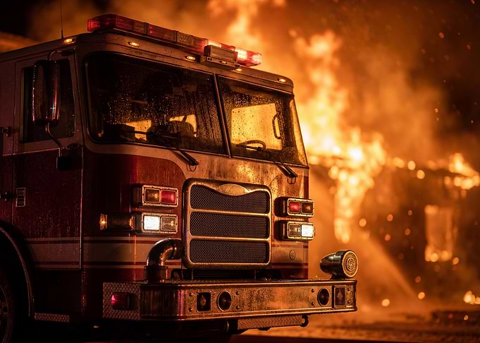Firetruck in front of burning building