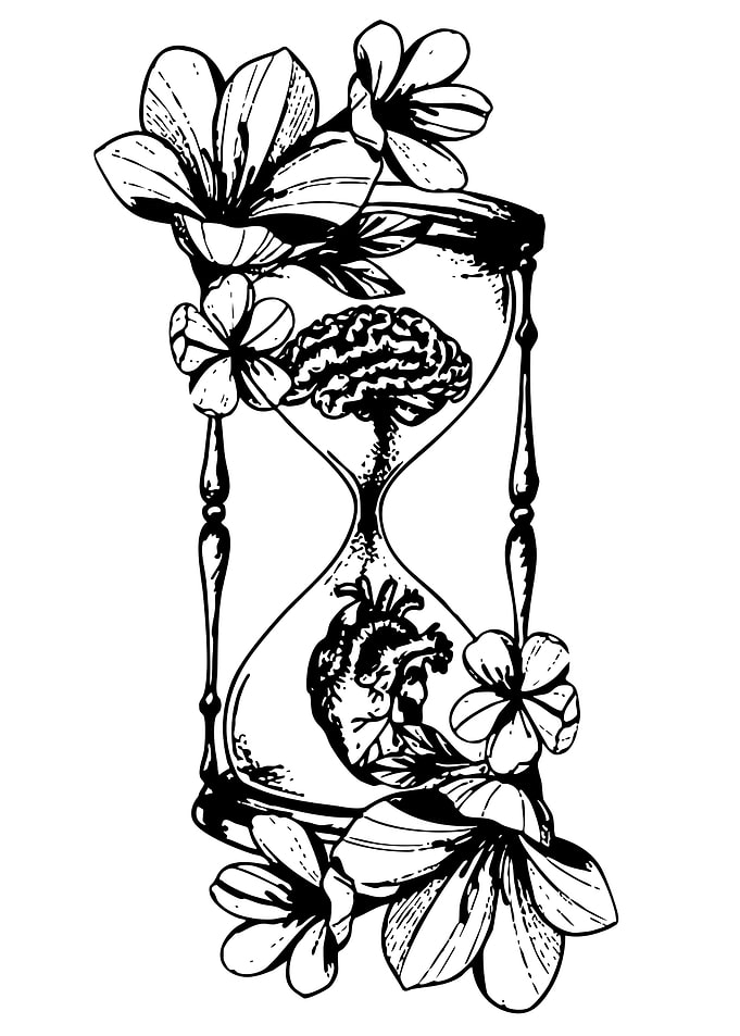 Hourglass with Brain, Heart, and Flowers