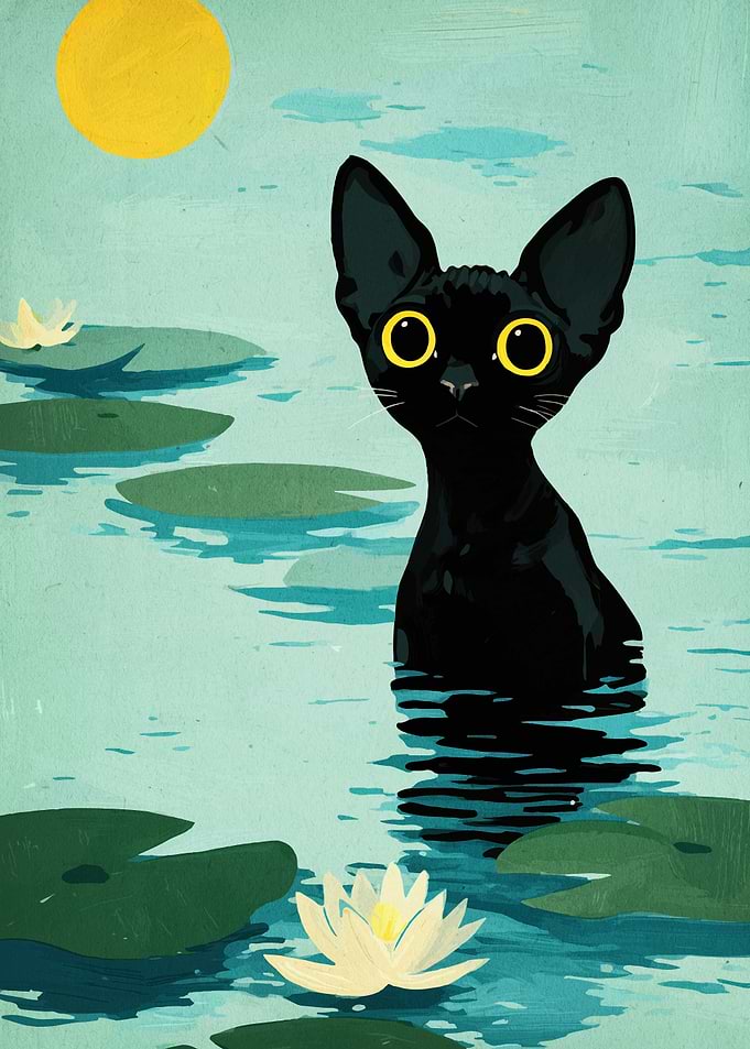 Black Cat in Water Lily Pond