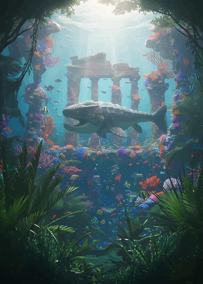 Underwater Ruins with Mosasaur