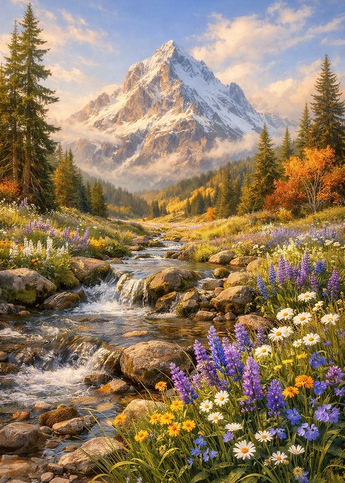 Mountain Stream with Wildflowers Landscape
