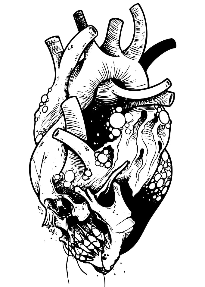 Anatomical Heart with Skull Black and White