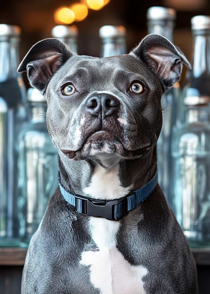 Gray Pitbull Portrait with Blue Collar
