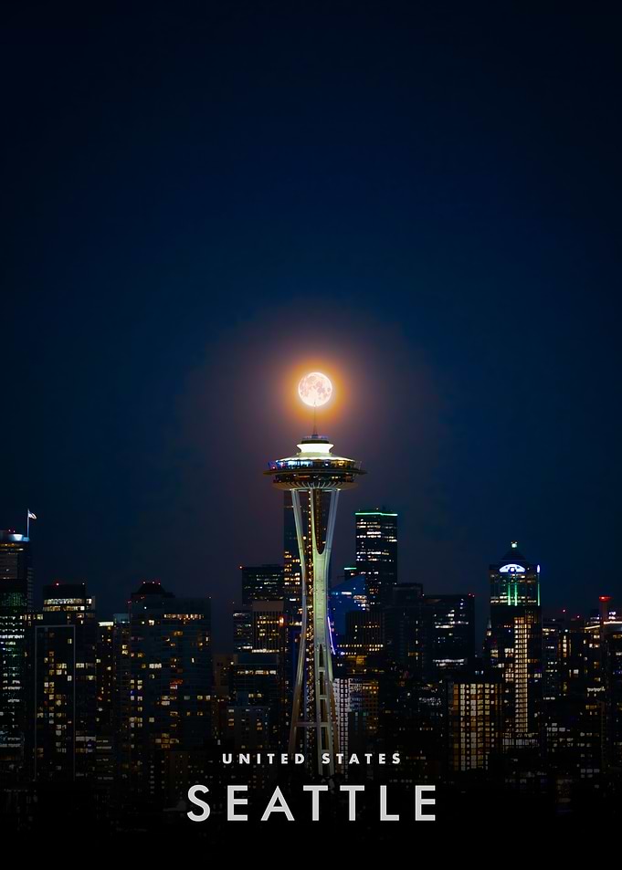 Seattle Skyline Full Moon