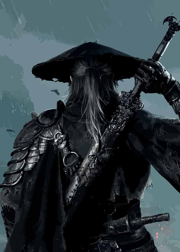Game Character with Sword in Rain