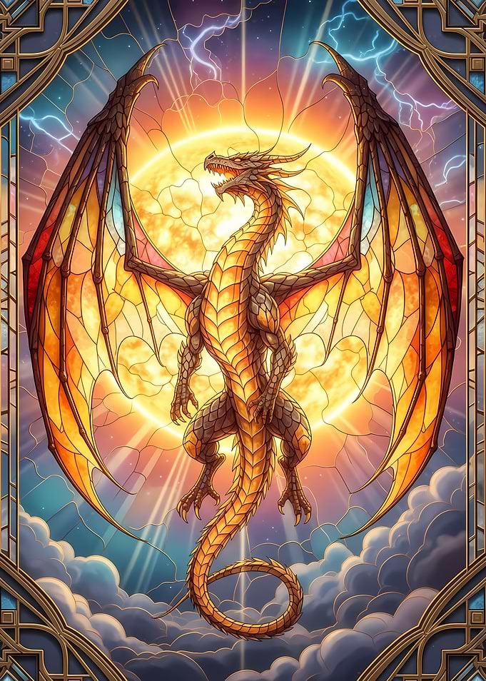 Stained Glass Dragon with Sun