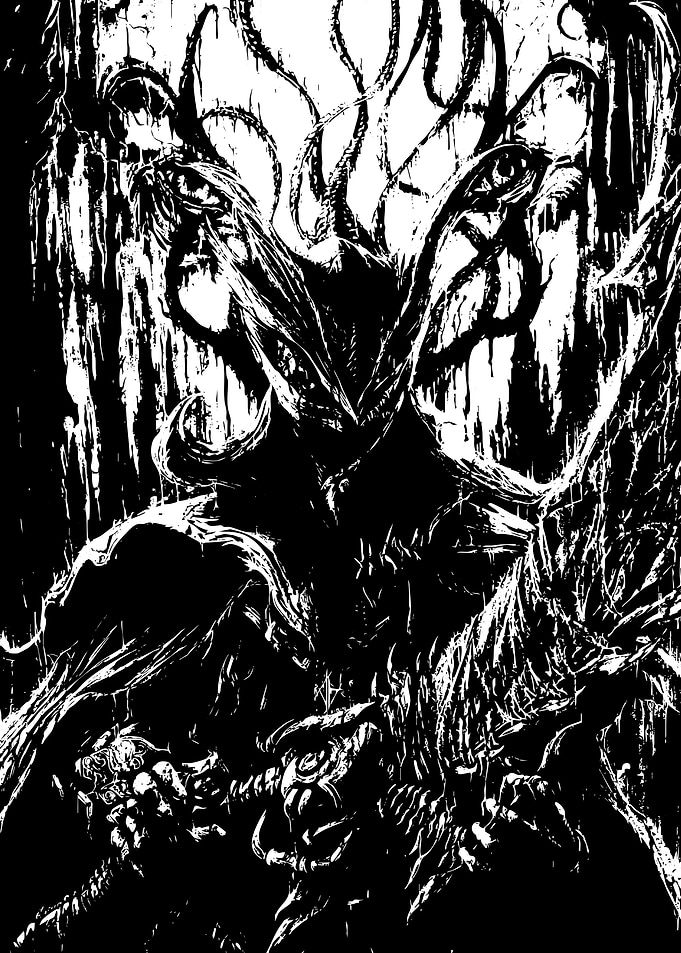 Monochrome Horror Creature with Tentacles