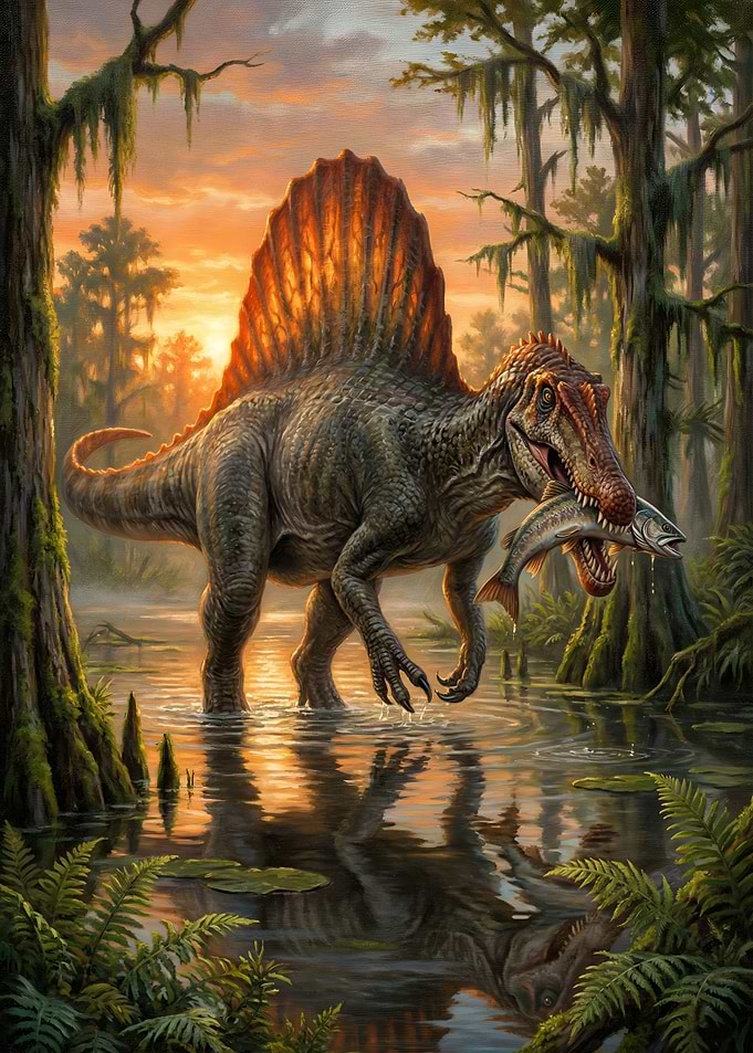 Spinosaurus in Swamp with Fish