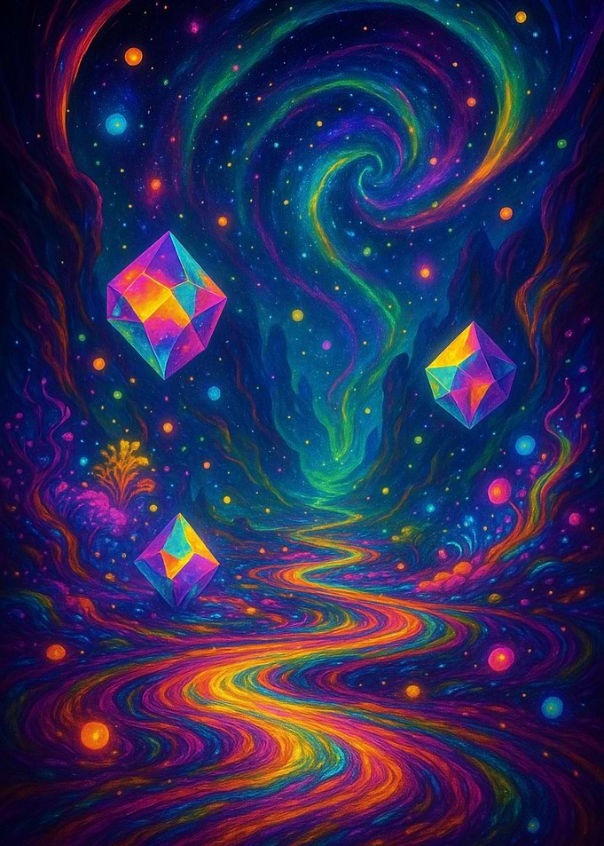 Colorful Abstract Space with Floating Crystals