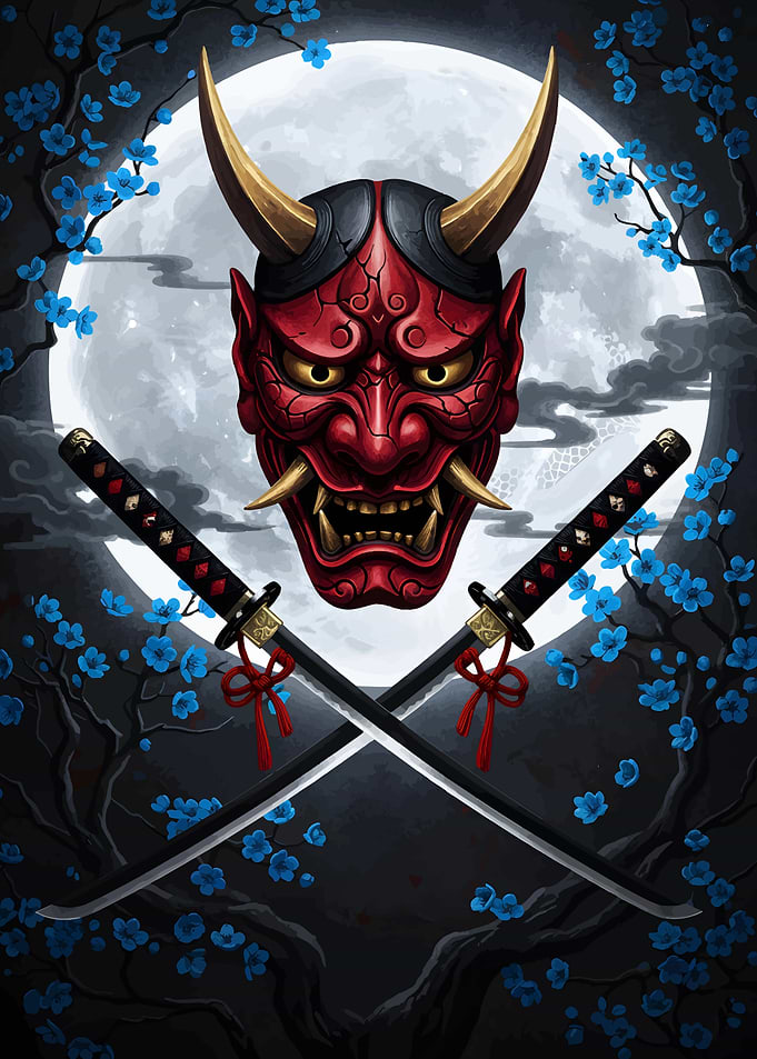 Hannya Mask with Crossed Katanas