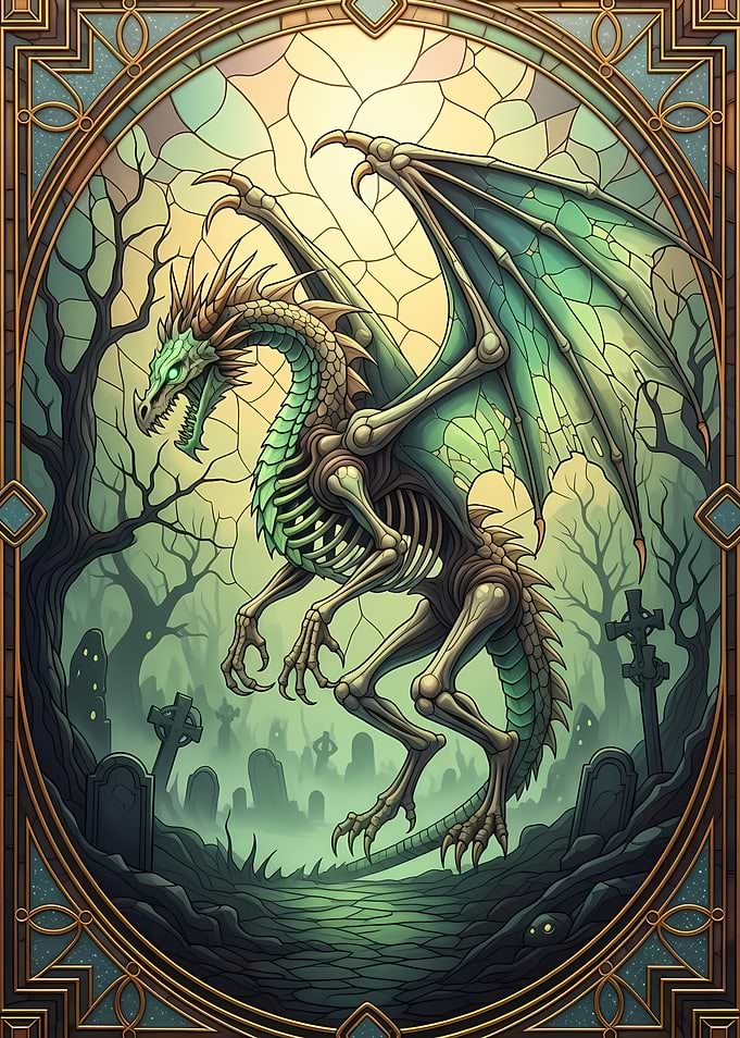Skeletal Dragon in Graveyard Stained Glass