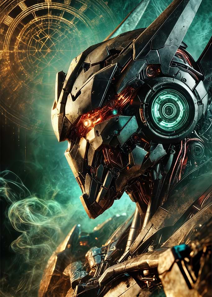 Futuristic War Robot Portrait: Sci-Fi Cybernetic Mech Warrior with Glowing Eye