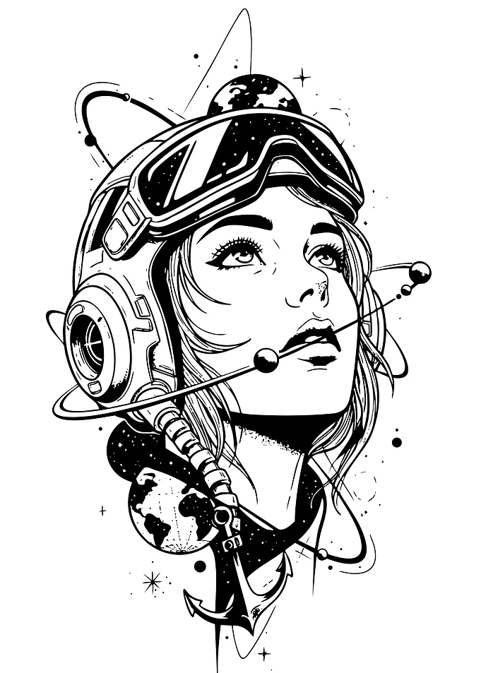 Astronaut Girl Black and White Illustration