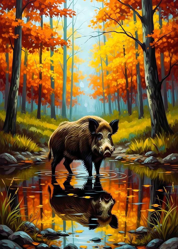 Wild Boar in Autumn Forest Stream