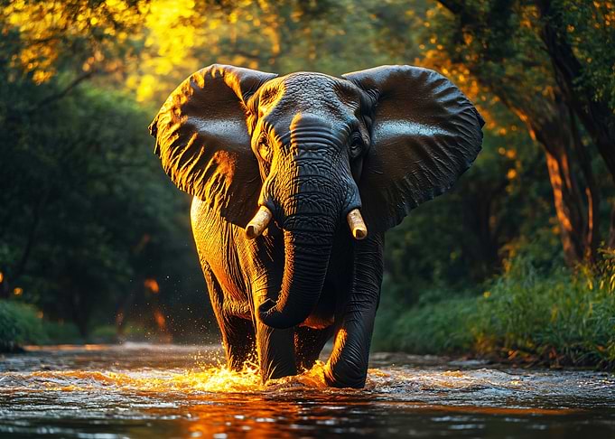Elephant wading through river at sunset