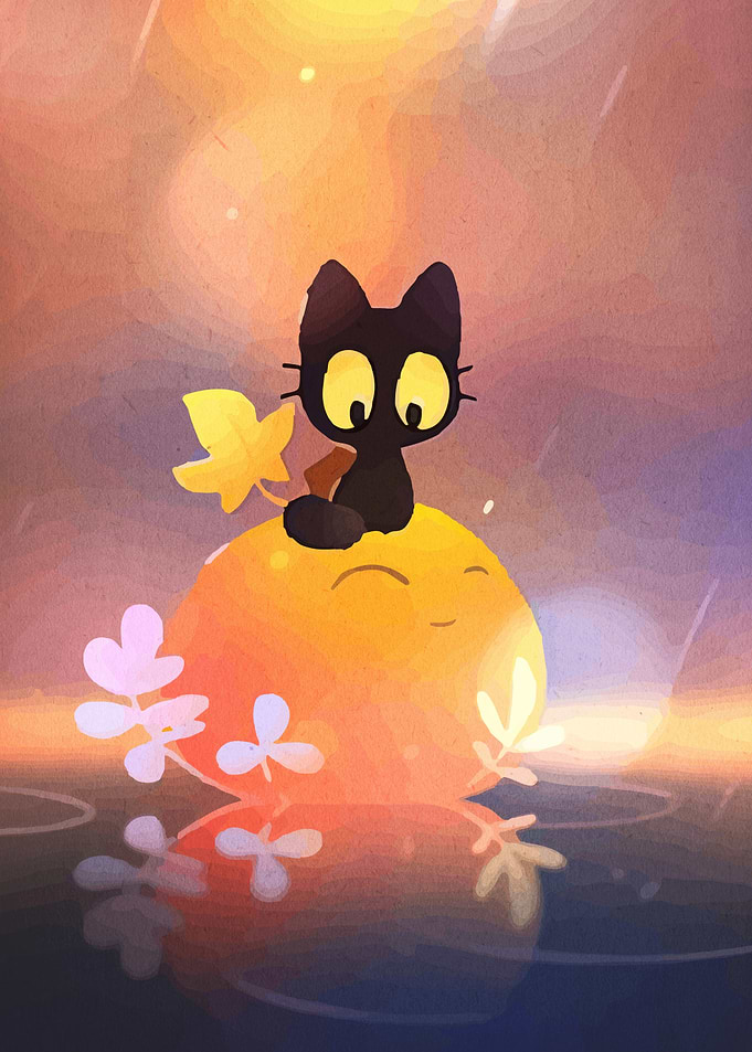 Black Cat on Smiling Orange Orb