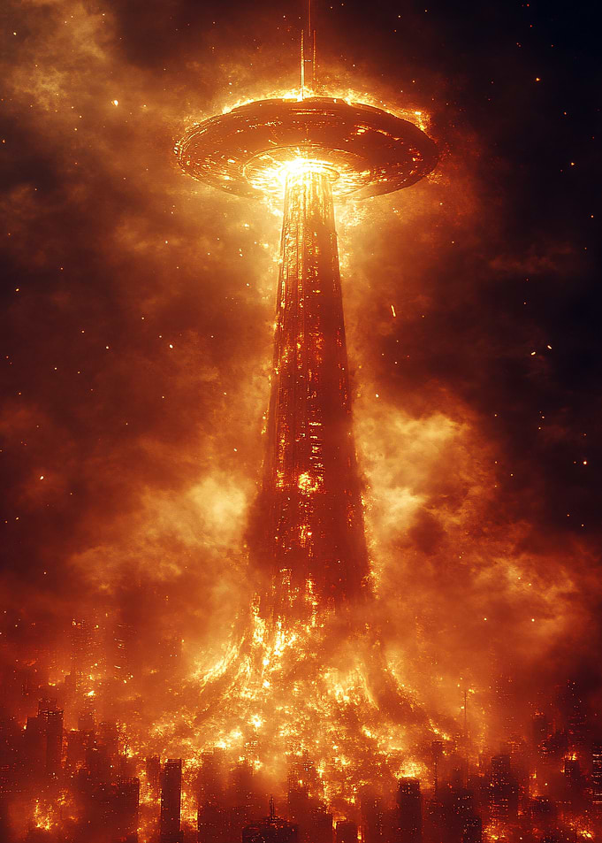 Fiery UFO over Burning City