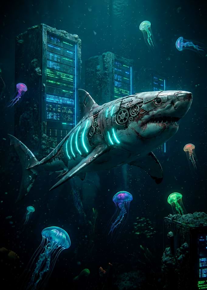Cyberpunk Shark in Underwater Data Center