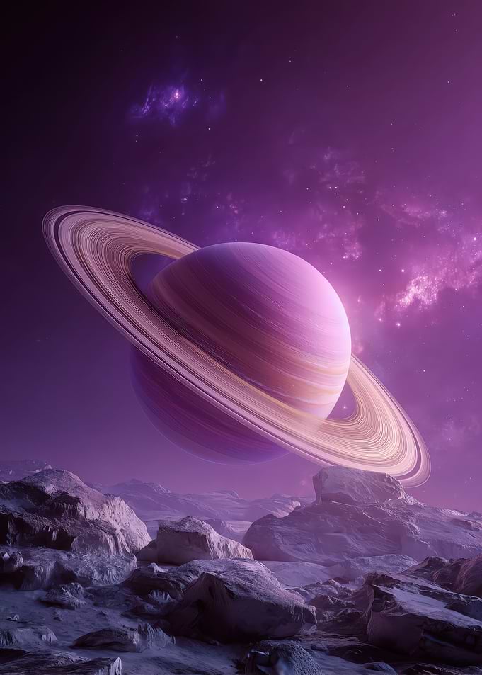 Purple Planet with Rings and Rocks
