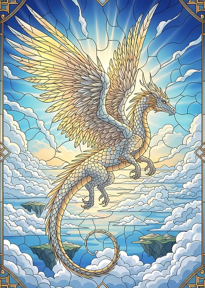 Winged Dragon in Stained Glass Style