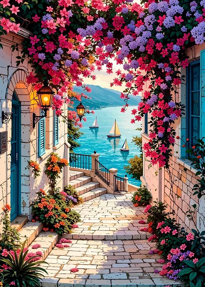 Coastal Path with Flowers and Sailboats