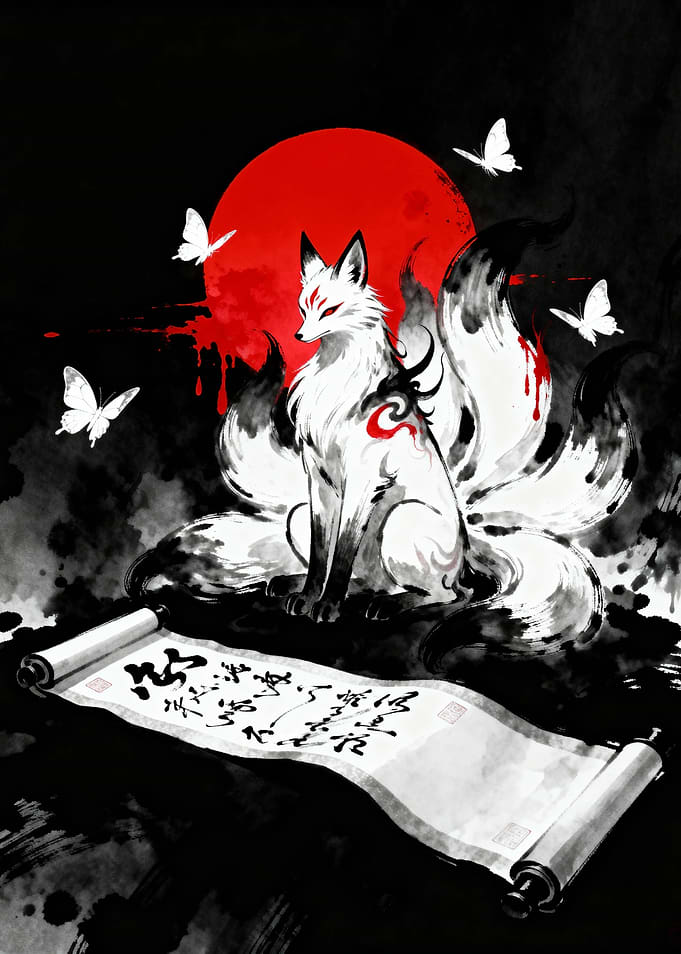 Nine-tailed Fox with Scroll Art