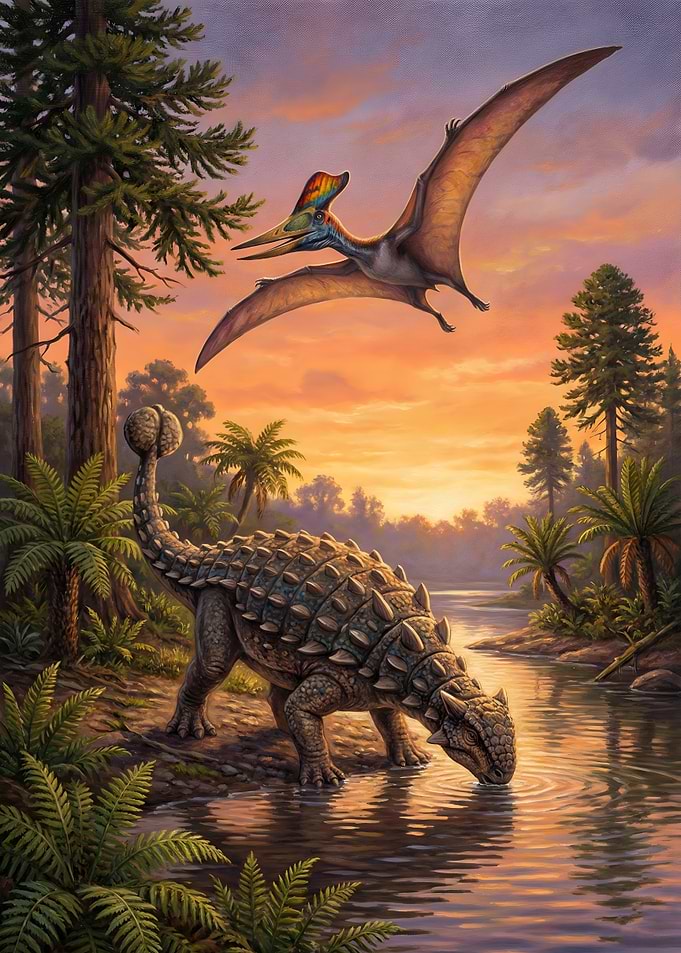 Ankylosaurus and Pterodactyl in Prehistoric Landscape