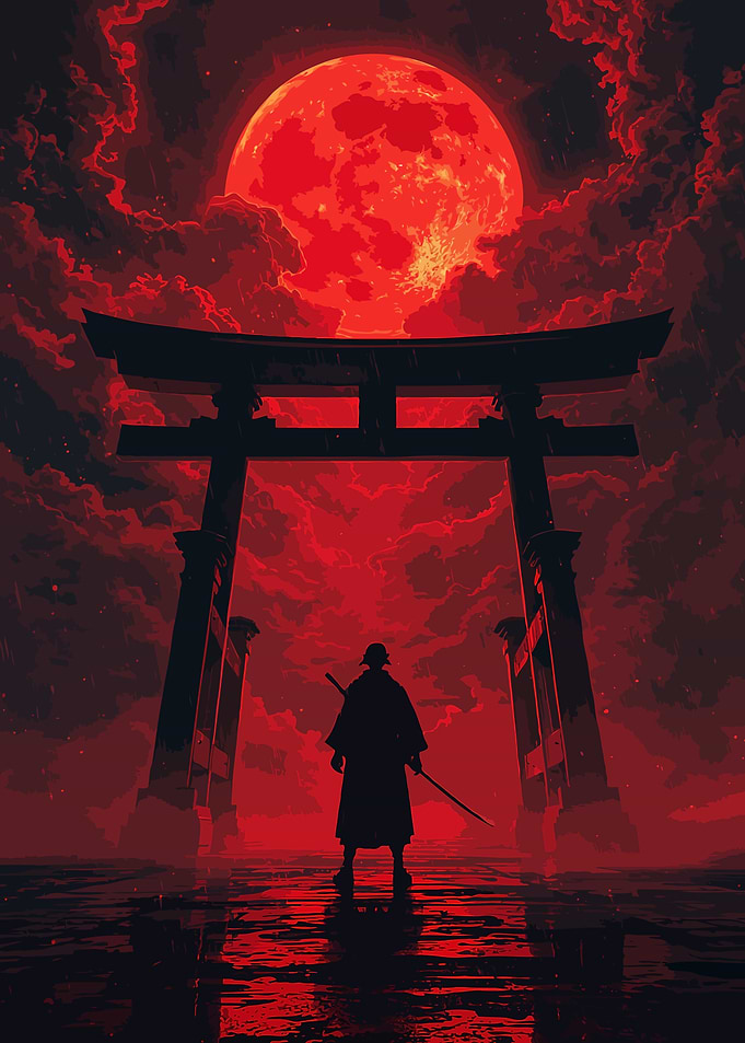 Fantasy Samurai Under Red Moon